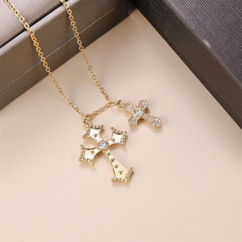 Dreuyet Cross Necklace for Women Trendy Rhinestone Double Cross Pendant Necklace Charm Baroque Style Cross Choker Necklace Valentines Day Christmas Day Jewelry Gifts in Saudi Arabia