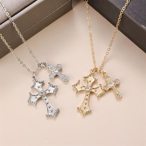 Dreuyet Cross Necklace for Women Trendy Rhinestone Double Cross Pendant Necklace Charm Baroque Style Cross Choker Necklace Valentines Day Christmas Day Jewelry Gifts in Saudi Arabia