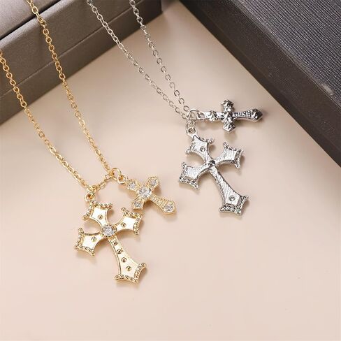 Dreuyet Cross Necklace for Women Trendy Rhinestone Double Cross Pendant Necklace Charm Baroque Style Cross Choker Necklace Valentines Day Christmas Day Jewelry Gifts in Saudi Arabia