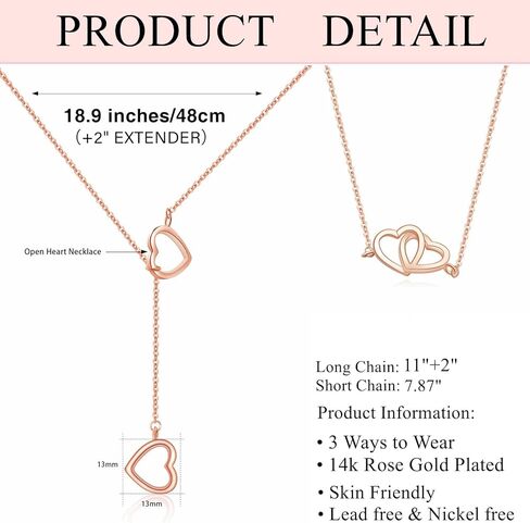 Dainty Open Heart Necklace for Women, Adjustable Tiny 14k Rose Gold Heart Pendant Choker Necklaces, Cute Love Open Heart Y Chain Necklace for Girls, Small Heart Necklace Jewelry Gifts for Her in Saudi Arabia