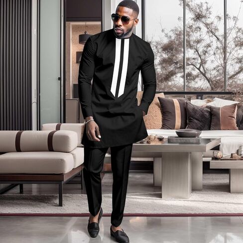 African Men's Formal Clothes Dashiki Shirt and Pant Two Piece Suit Traditional Long Sleeve Outfits in Saudi Arabia