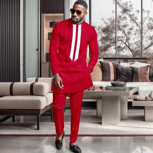African Men's Formal Clothes Dashiki Shirt and Pant Two Piece Suit Traditional Long Sleeve Outfits in Saudi Arabia