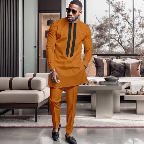 African Men's Formal Clothes Dashiki Shirt and Pant Two Piece Suit Traditional Long Sleeve Outfits in Saudi Arabia