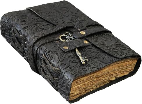 Embossed Leather Journal with Antique Key Vintage Pages Handmade Journal Leather Sketchbook Notepad Leather Travel Journal Book of Shadows Leather grimoire (Black, 10x7 Inch) in Saudi Arabia