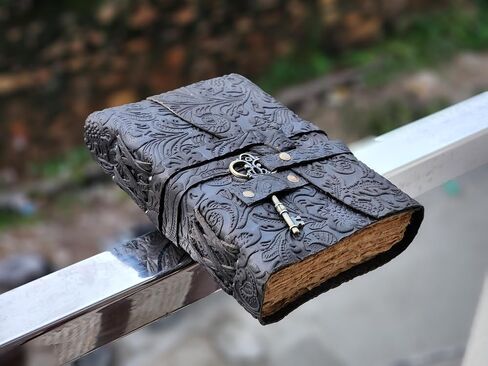 Embossed Leather Journal with Antique Key Vintage Pages Handmade Journal Leather Sketchbook Notepad Leather Travel Journal Book of Shadows Leather grimoire (Black, 10x7 Inch) in Saudi Arabia