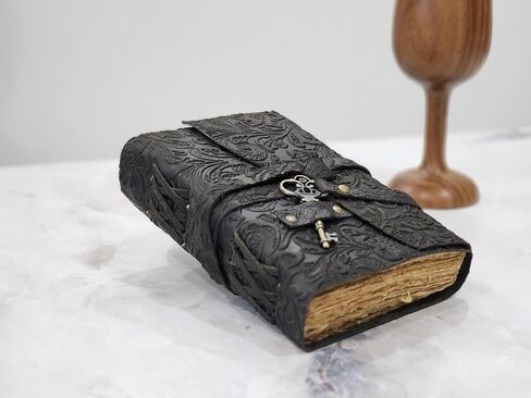Embossed Leather Journal with Antique Key Vintage Pages Handmade Journal Leather Sketchbook Notepad Leather Travel Journal Book of Shadows Leather grimoire (Black, 10x7 Inch) in Saudi Arabia