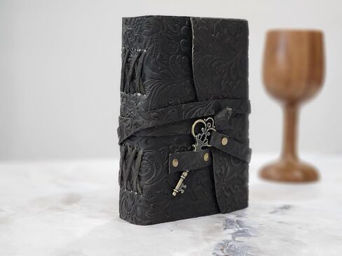 Embossed Leather Journal with Antique Key Vintage Pages Handmade Journal Leather Sketchbook Notepad Leather Travel Journal Book of Shadows Leather grimoire (Black, 10x7 Inch) in Saudi Arabia