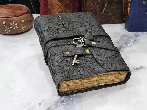 Embossed Leather Journal with Antique Key Vintage Pages Handmade Journal Leather Sketchbook Notepad Leather Travel Journal Book of Shadows Leather grimoire (Black, 10x7 Inch) in Saudi Arabia
