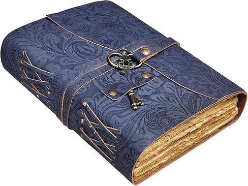 Embossed Leather Journal with Antique Key Vintage Pages Handmade Journal Leather Sketchbook Notepad Leather Travel Journal Book of Shadows Leather grimoire (Black, 10x7 Inch) in Saudi Arabia