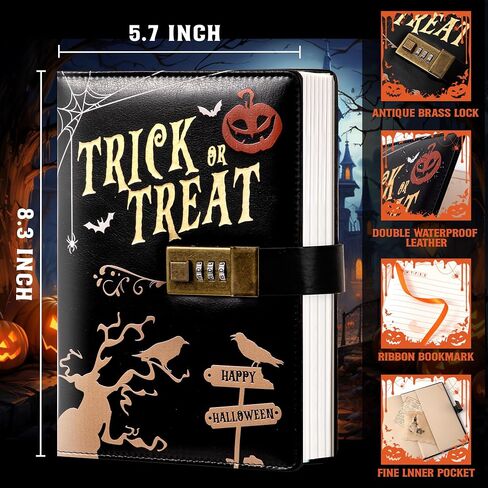 مجلة CAGIE مع قفل للنساء والرجال، مجلة مقفلة A5 مع مجموعة أقلام اليقطين، دفتر ملاحظات الهالوين مع قفل مركب 192 صفحة مذكرات مع قفل، 5.7 × 8.3 بوصة، خدعة أو حلوى باللون الأسود in Saudi Arabia