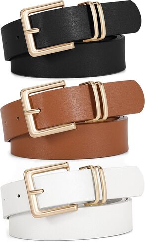 SANSTHS 3 PACK Women Leather Belts for Jeans Pants Dresses Fashion Ladies Waist Belt with Gold Square Buckle in Saudi Arabia