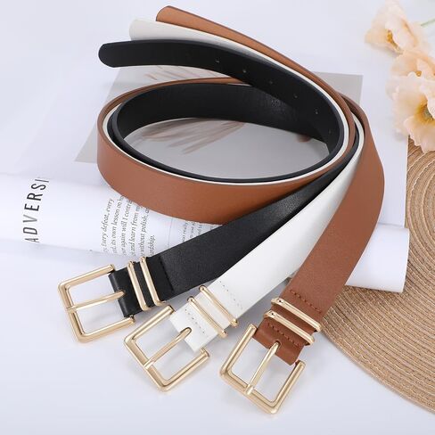 SANSTHS 3 PACK Women Leather Belts for Jeans Pants Dresses Fashion Ladies Waist Belt with Gold Square Buckle in Saudi Arabia