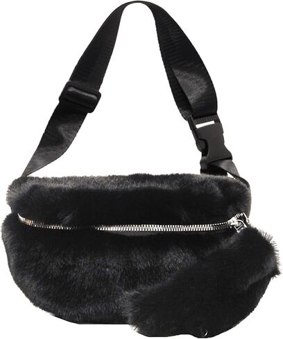 Fuzzy Fanny Pack for Women Faux Fur Belt Bum Bag with Adjustable Strap Waist Pouch Casual Crossbody Purse for Travel in Kuwait