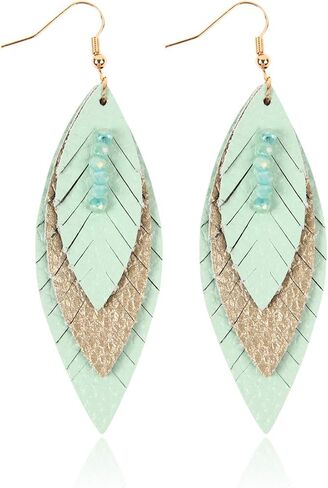 Bohemian Genuine Suede Real Leather Geometric Drop Earrings - Lightweight Hook Dangles Feather, Leaf, Multi Color Fringe, Triple Tassel in Kuwait