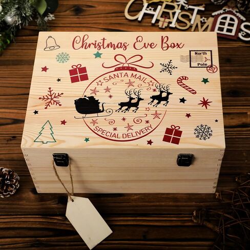 Christmas Eve Box 13 x 10 x 6.4 Inch Christmas Eve Wooden Gift Box with Blank Wooden Sign Personalized Large Pine Box Christmas Eve Gift with Hinged Lid and Front Clasp for Holiday Party in Saudi Arabia