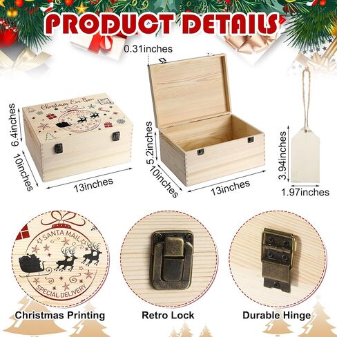 Christmas Eve Box 13 x 10 x 6.4 Inch Christmas Eve Wooden Gift Box with Blank Wooden Sign Personalized Large Pine Box Christmas Eve Gift with Hinged Lid and Front Clasp for Holiday Party in Saudi Arabia