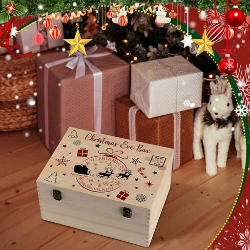 Christmas Eve Box 13 x 10 x 6.4 Inch Christmas Eve Wooden Gift Box with Blank Wooden Sign Personalized Large Pine Box Christmas Eve Gift with Hinged Lid and Front Clasp for Holiday Party in Saudi Arabia