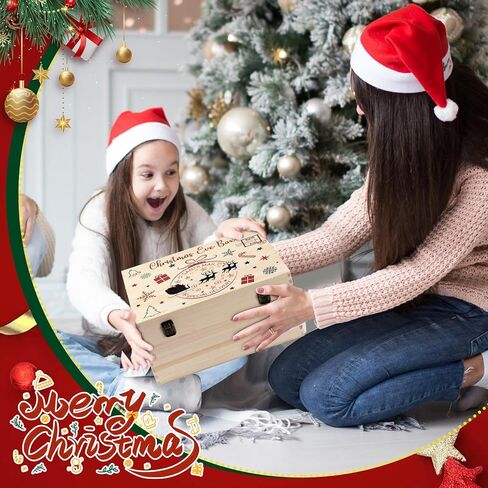 Christmas Eve Box 13 x 10 x 6.4 Inch Christmas Eve Wooden Gift Box with Blank Wooden Sign Personalized Large Pine Box Christmas Eve Gift with Hinged Lid and Front Clasp for Holiday Party in Saudi Arabia