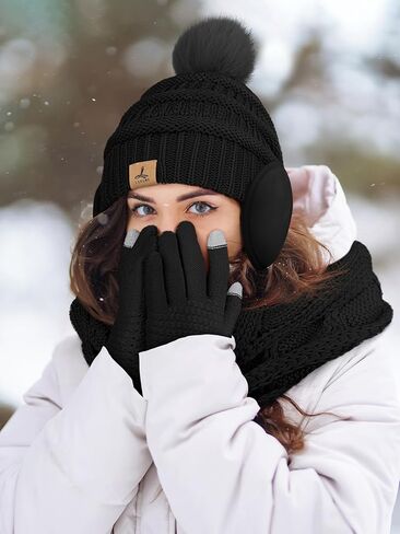 15PCS Womens Winter Gloves Earmuffs Scarf Winter Hats, Touch Screen Gloves Women Plush Ear Warmer Knit Scarf Hat Set Adults in Saudi Arabia