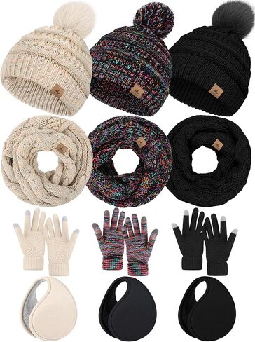 15PCS Womens Winter Gloves Earmuffs Scarf Winter Hats, Touch Screen Gloves Women Plush Ear Warmer Knit Scarf Hat Set Adults in Saudi Arabia