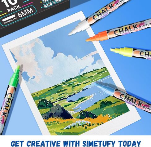 أقلام تحديد الطباشير Simetufy - 10 قطع نابضة بالحياة، قابلة للمسح، غير سامة، مائية، أطراف قابلة للعكس، للأطفال والكبار لأقلام التحديد الزجاجية أو السبورة للشركات والمطاعم وأقلام الطباشير السائل (6 مم) in Kuwait
