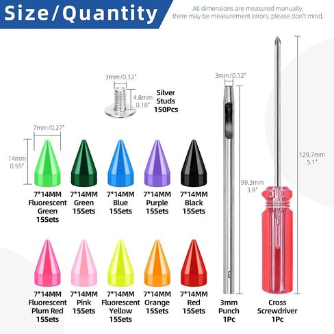Glarks 150 Sets Colorful Cone Spikes Studs Kit, 14mm Punk Bullet Cone Studs and Spikes, Leather Metal Tree Screw Back Rivets for Leather Craft Clothing Shoes Belts Bags Pet Collars DIY Accessories in Saudi Arabia