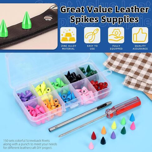 Glarks 150 Sets Colorful Cone Spikes Studs Kit, 14mm Punk Bullet Cone Studs and Spikes, Leather Metal Tree Screw Back Rivets for Leather Craft Clothing Shoes Belts Bags Pet Collars DIY Accessories in Saudi Arabia
