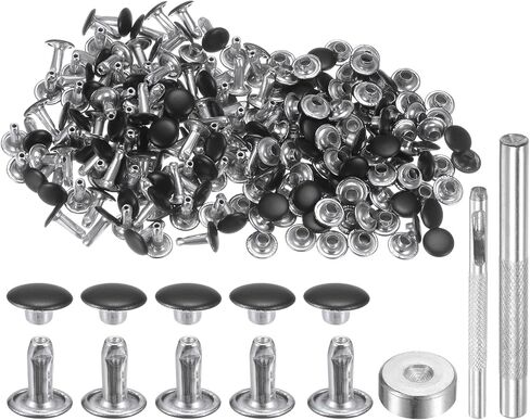 HARFINGTON 100 Sets Leather Rivets 8mm x 10mm Metal Double Cap Rivet Snaps Studs Fasteners with 3pcs Setting Tools Rivets for Leather Craft DIY Repair Decoration, Matte Black in Saudi Arabia