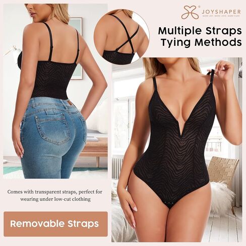 JOYSHAPER Lace Shapewear Bodysuits Deep V Lace Corset Tops Thong Bodysuits Tummy Control Body Shaper in Saudi Arabia
