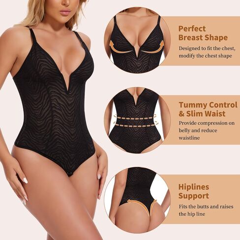 JOYSHAPER Lace Shapewear Bodysuits Deep V Lace Corset Tops Thong Bodysuits Tummy Control Body Shaper in Saudi Arabia