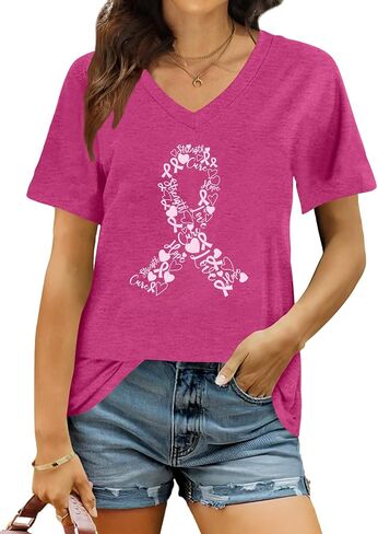 Breast Cancer Shirt Women Pink Ribbon Shirts Breast Cancer Awareness Tee Cancer Survivor V Neck Tshirts in Saudi Arabia