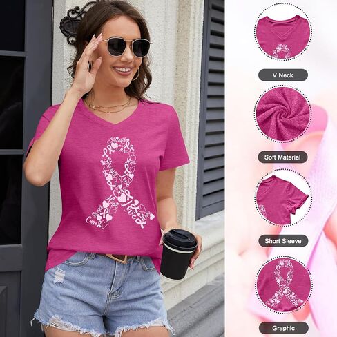 Breast Cancer Shirt Women Pink Ribbon Shirts Breast Cancer Awareness Tee Cancer Survivor V Neck Tshirts in Saudi Arabia
