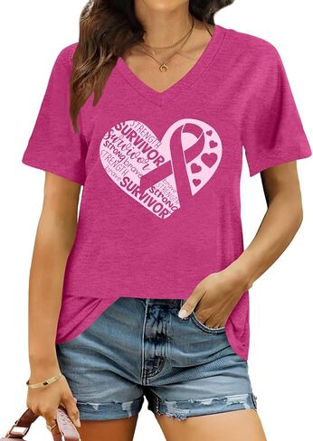 Breast Cancer Shirt Women Pink Ribbon Shirts Breast Cancer Awareness Tee Cancer Survivor V Neck Tshirts in Saudi Arabia