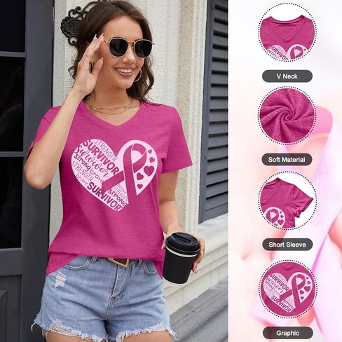 Breast Cancer Shirt Women Pink Ribbon Shirts Breast Cancer Awareness Tee Cancer Survivor V Neck Tshirts in Saudi Arabia