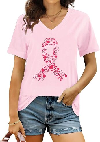 Breast Cancer Shirt Women Pink Ribbon Shirts Breast Cancer Awareness Tee Cancer Survivor V Neck Tshirts in Saudi Arabia