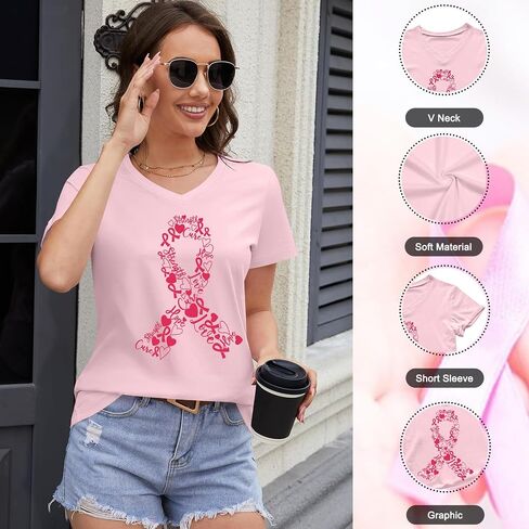 Breast Cancer Shirt Women Pink Ribbon Shirts Breast Cancer Awareness Tee Cancer Survivor V Neck Tshirts in Saudi Arabia