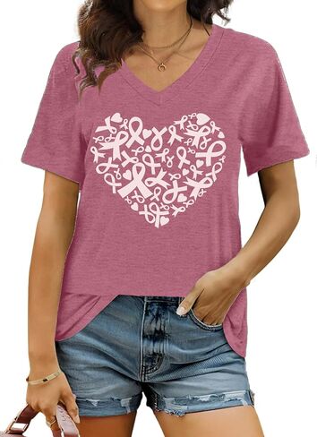 Breast Cancer Shirt Women Pink Ribbon Shirts Breast Cancer Awareness Tee Cancer Survivor V Neck Tshirts in Saudi Arabia