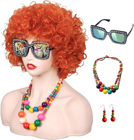 ColorGround Short Curly Orange Red Wig with Necklace Earrings Sunglasses for 70s Costumes Themed Party in Kuwait