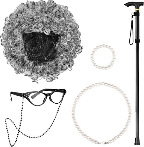 AOTHSO 6 Pieces Old Lady Wig Costume Set Grandma Wig with Cap Cane Pearl Necklace Bracelet for 100 Days of School Halloween… in Saudi Arabia