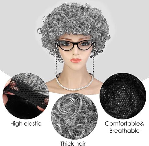 AOTHSO 6 Pieces Old Lady Wig Costume Set Grandma Wig with Cap Cane Pearl Necklace Bracelet for 100 Days of School Halloween… in Saudi Arabia