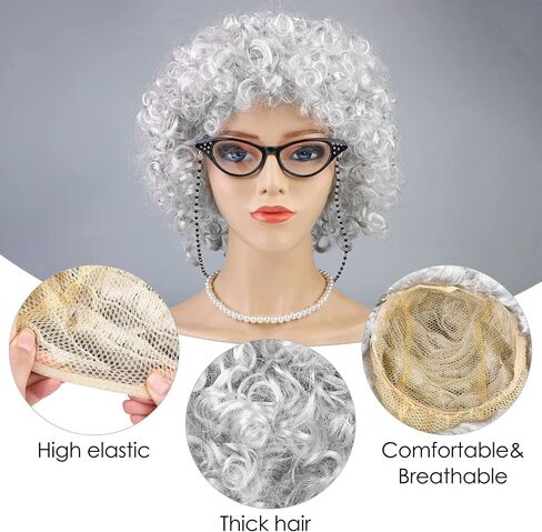 AOTHSO 6 Pieces Old Lady Wig Costume Set Grandma Wig with Cap Cane Pearl Necklace Bracelet for 100 Days of School Halloween… in Saudi Arabia