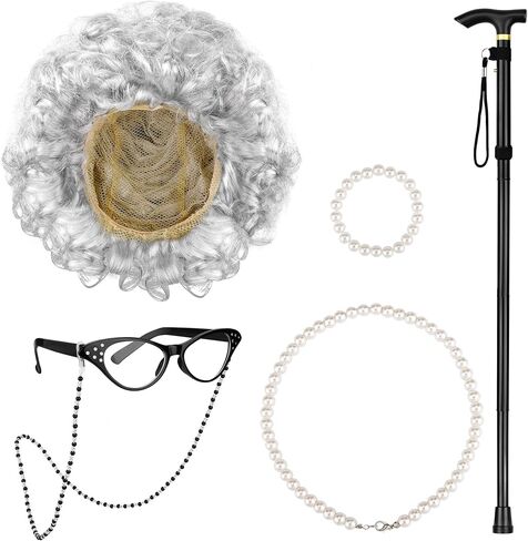 AOTHSO 6 Pieces Old Lady Wig Costume Set Grandma Wig with Cap Cane Pearl Necklace Bracelet for 100 Days of School Halloween… in Saudi Arabia