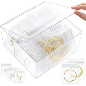 Acrylic Jewelry Box Organizer, Clear Jewelry Organizers and Storage with 65 Portable Anti Tarnish Jewelry bags, Drawer Organizer Box Case for Earrings/Rings/Bracelet/Necklaces for Women Girls
