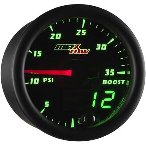 MaxTow Double Vision 35 PSI Turbo Boost Gauge Kit - Includes Electronic Pressure Sensor - Black Gauge Face - Green LED Illuminated Dial - Analog & Digital Readouts - for Trucks - 2-1/16" 52mm