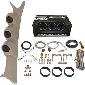GlowShift Diesel Gauge Package Compatible with Ford Super Duty F-250 F-350 6.0L 7.3L Power Stroke 1999-2007 - Tinted 7 Color 60 PSI Boost, 2400F EGT & Transmission Temp Gauges - Tan Triple Pillar Pod