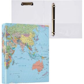 World Map 3 Ring 1.5 Inch Binder 2 Pack, School Supplies Binder for Girls Boys - Round Rings Binder for Letter A4 Size Paper, Decorative Hardcover Binder Organizer for Home School Office