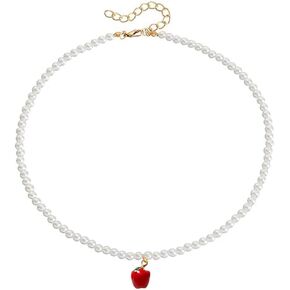 Red Apple Pearl Choker Necklace For Women Goldtone Sweet Adorrable Pearls Beaded Clavicle Chain Necklaces Lovely Handmade Green Leaf Pendant Fresh Cute Tropical Fruit Charm Summer Holiday Jewelry Gifts
