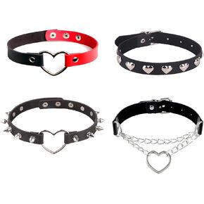 Choker Necklace for Women, 4Pcs Black Red Heart Spiked Choker, Gothic Punk Rock PU Leather Collar Choker Necklaces, Halloween Cosplay Party Jewelry Accessory