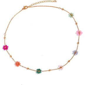 Cute Flower Beaded Ball Choker Necklace Stainless Steel Colorful Acystal Bead Daisy Flowers Adjustable Necklaces Fashion 18k Goldtone Plated Jewelry Gifts for Women Chain 15"+2"