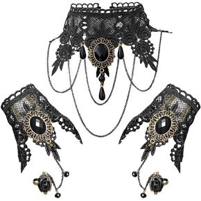 Gothic Black Lace Bracelet with Finger Ring Steampunk Vampire Wristband Ring with Bracelet Set Victorian Costume Party Vintage Wedding Prom Festival Hand Chain Jewelry for Women - SF001